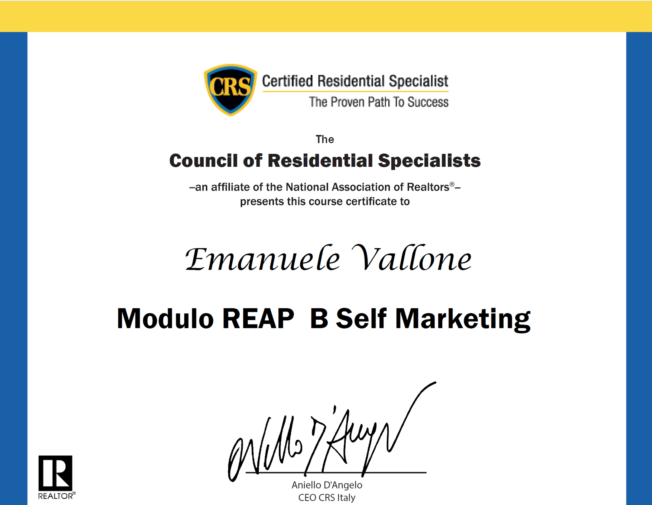 Attestato CRS Modulo REAP B Self Marketing. Emanuele Vallone