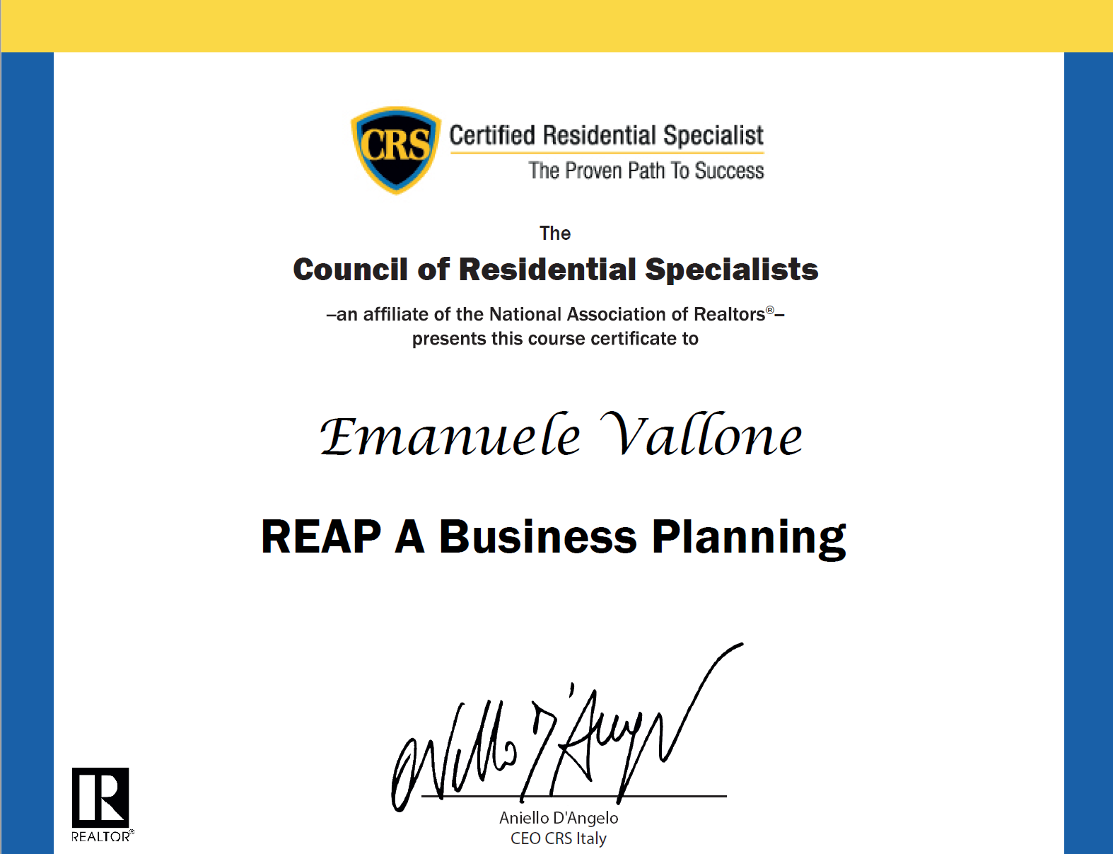 Attestato CRS REAP A Business Planning. Emanuele Vallone