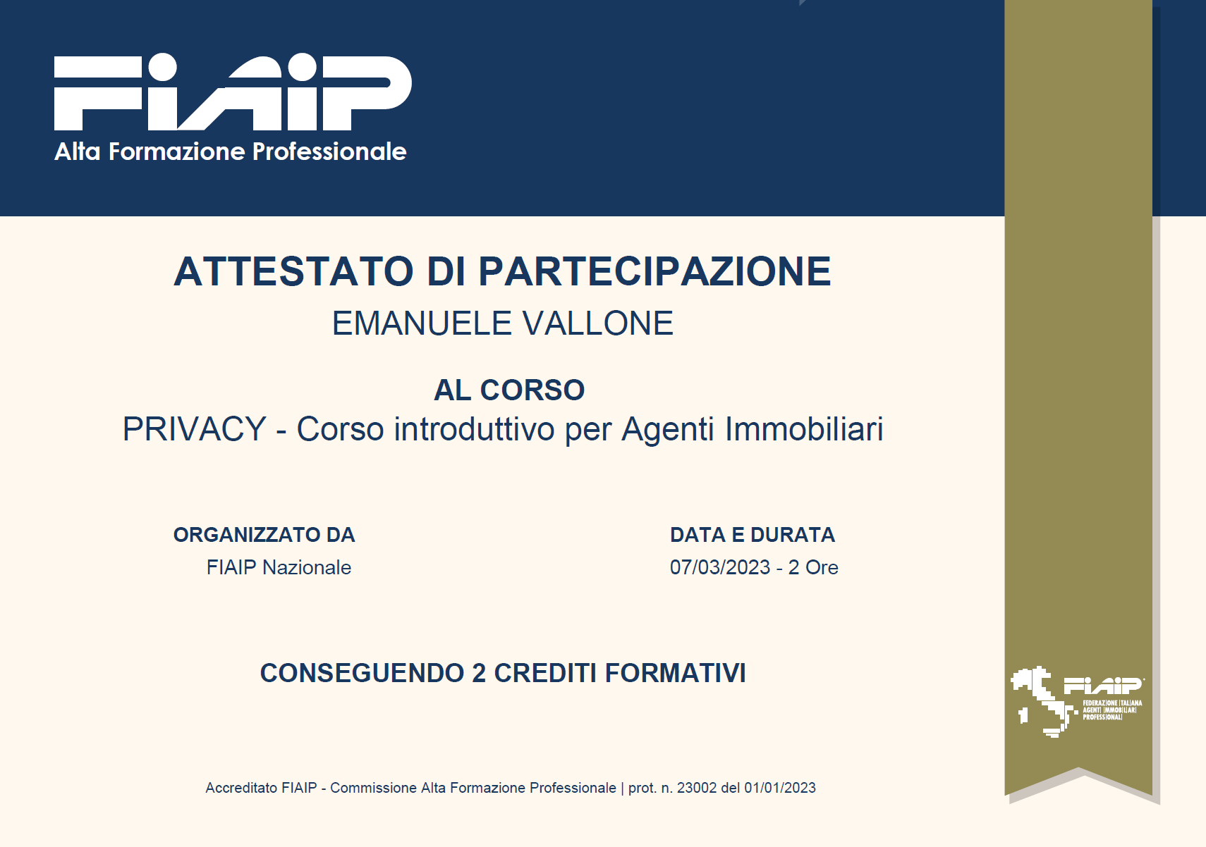 Fiaip PRIVACY - Corso introduttivo per Agenti Immobiliari. Emanuele Vallone