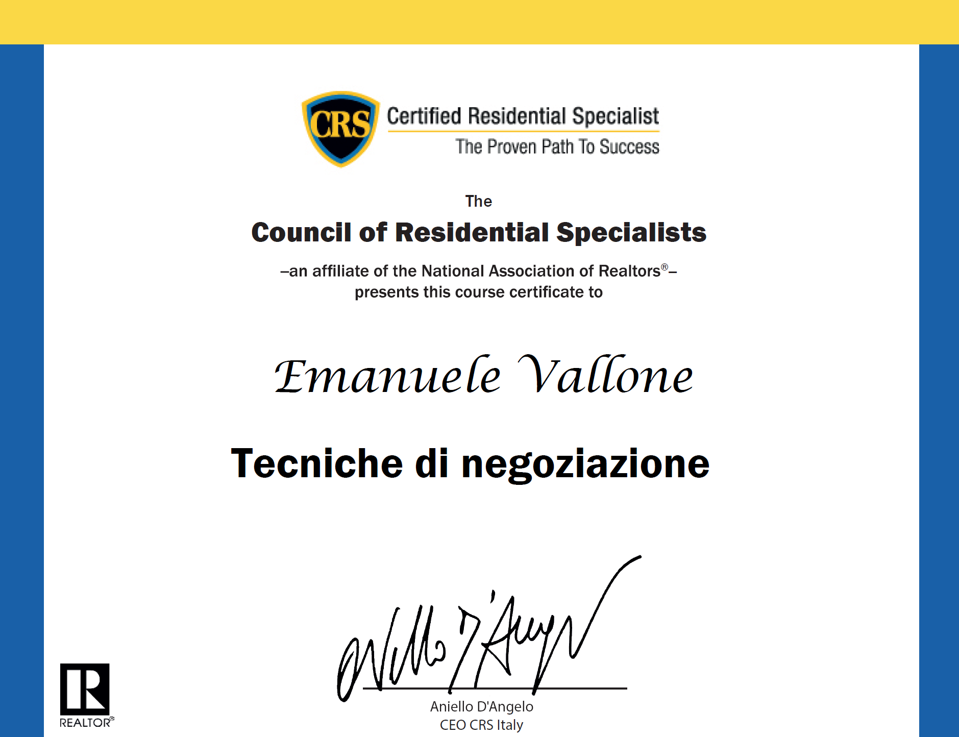 Attestato CRS Tecniche di negoziazione. Emanuele Vallone