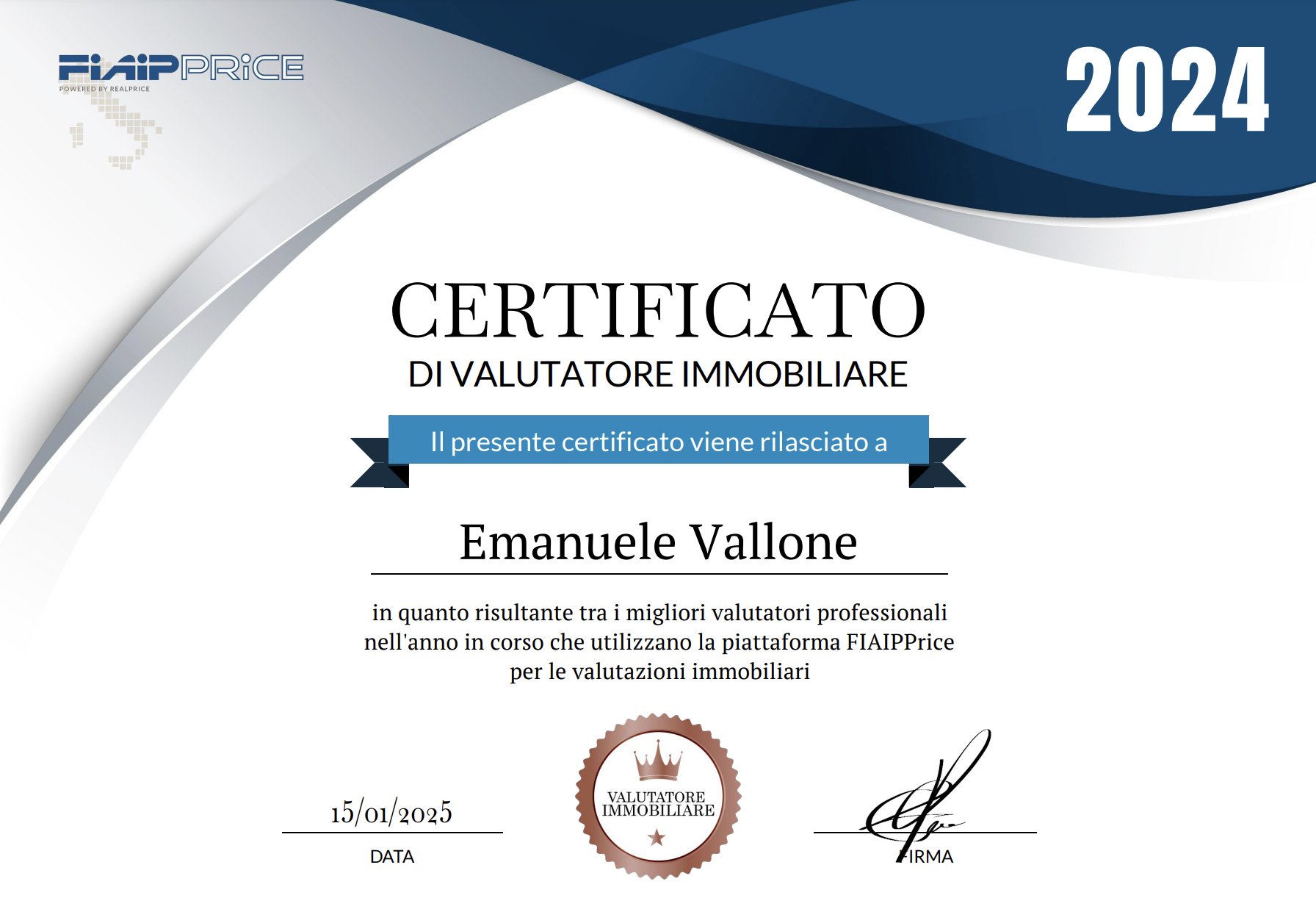 Certificato di valutatore immobiliare. Emanuele Vallone